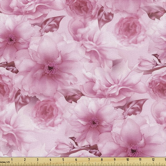 Ambesonne Floral Fabric by the Yard Upholstery, Dreamy Flowers Japan Print, 2 Yards, Dried Rose Soft Pink