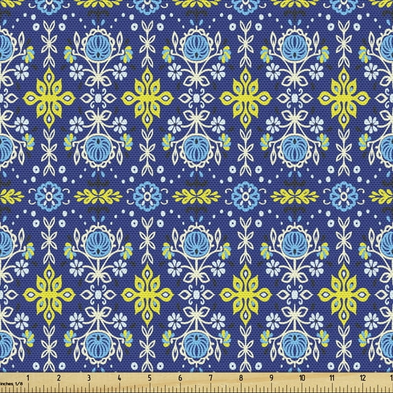 Ambesonne Floral Fabric by the Yard Upholstery, Eastern European Flowers, 3 Yards, Indigo Mustard Sky Blue