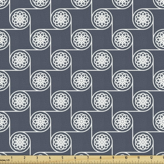 Ambesonne Floral Fabric by the Yard Upholstery, Eastern Japanese Ornate, 1 Yard, Charcoal Grey Dark Blue