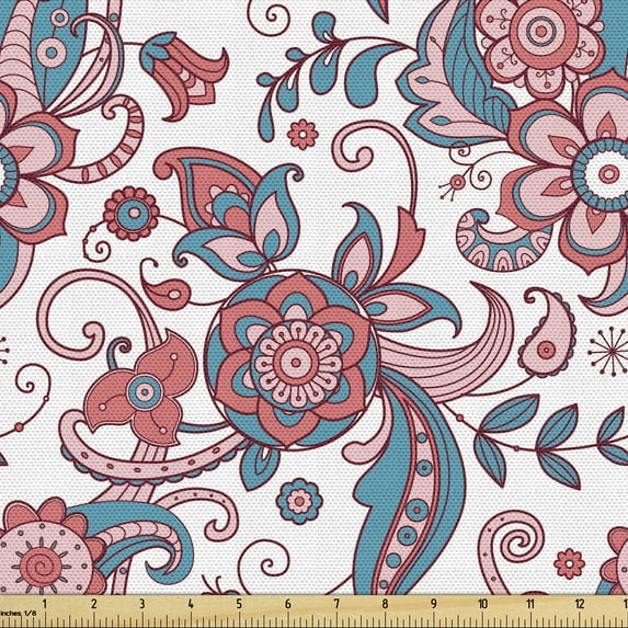 Ambesonne Floral Fabric by the Yard Upholstery, Ethnic Bohemian Flowers Art, 2 Yards, Dried Rose Sea Blue