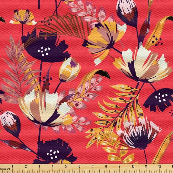Ambesonne Floral Fabric by the Yard Upholstery, Exotic Abstract Foliage Art, 10 Yards, Dark Coral Earth Yellow