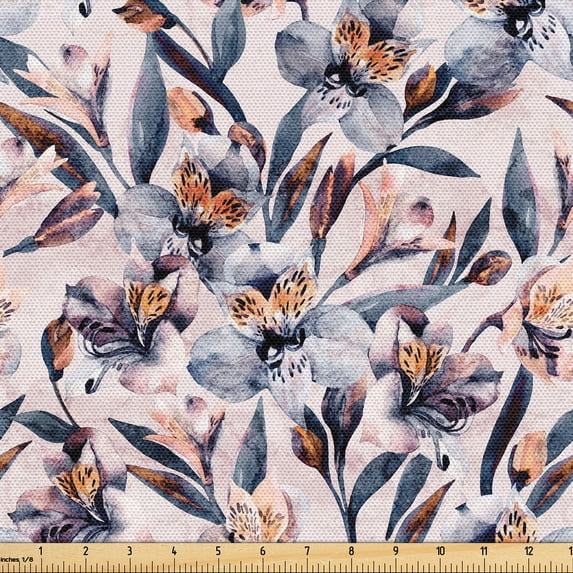 Ambesonne Floral Fabric by the Yard Upholstery, Exotic Alstroemeria Flowers, 5 Yards, Pale Rose and Slate Blue