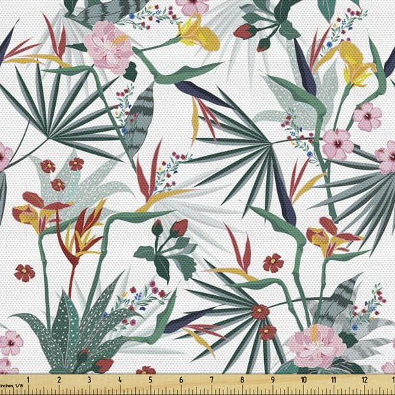 Ambesonne Floral Fabric by the Yard Upholstery, Exotic Flower Rose Bud Leaf, 10 Yards, White Multicolor
