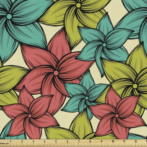 Ambesonne Floral Fabric by the Yard Upholstery, Exotic Flowers Aloha Summer, 5 Yards, Multicolor