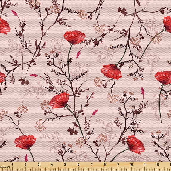 Ambesonne Floral Fabric by the Yard Upholstery, Farmhouse Poppy Flowers Art, 1 Yard, Dark Pink Blush Cocoa