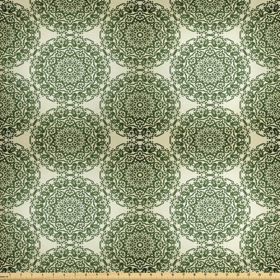 Ambesonne Floral Fabric by the Yard Upholstery, Flourishing Round Elements, 3 Yards, Eggshell Olive Green