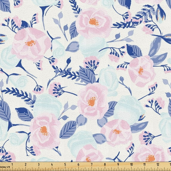 Ambesonne Floral Fabric by the Yard Upholstery, Flower Leaf Watercolor Plot, 5 Yards, Soft Pink and Ceil Blue