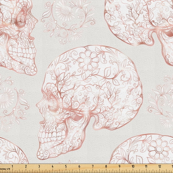 Ambesonne Floral Fabric by the Yard Upholstery, Flower Leafy Skull Damask, 2 Yards, Dark Salmon Eggshell