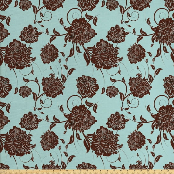 Ambesonne Floral Fabric by the Yard Upholstery, Flower Ornaments Retro, 10 Yards, Pale Blue Brown