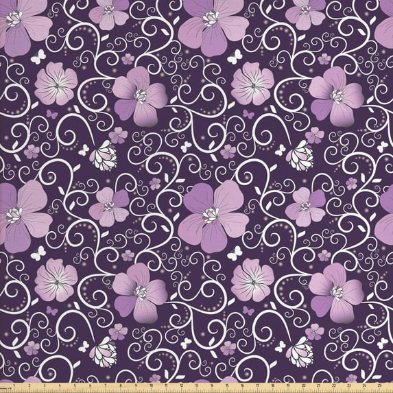 Ambesonne Floral Fabric by the Yard Upholstery, Flower Patterned Design, 10 Yards, Lilac Dark Purple White