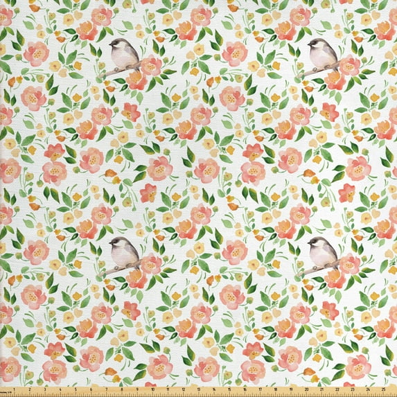 Ambesonne Floral Fabric by the Yard Upholstery, Flower Petals Blossoms, 2 Yards, Coral Fern Green White