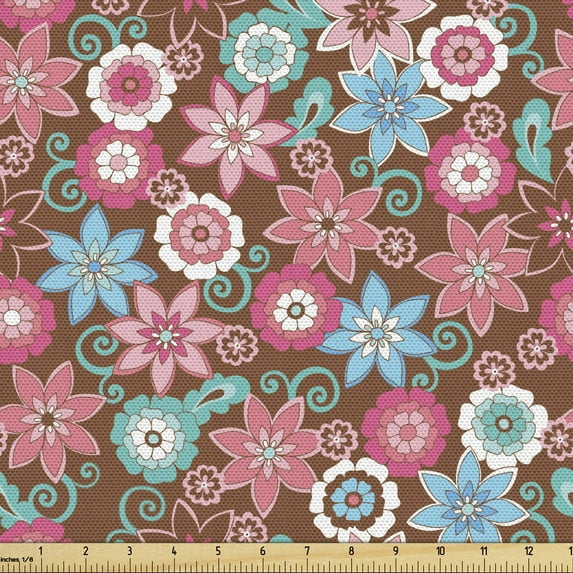 Ambesonne Floral Fabric by the Yard Upholstery, Flower Petals Florets, 1 Yard, Pink Brown and Teal