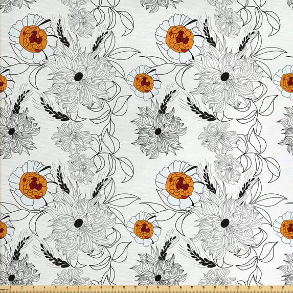 Ambesonne Floral Fabric by the Yard Upholstery, Flower Petals Growth, 2 Yards, Pale Blue Orange