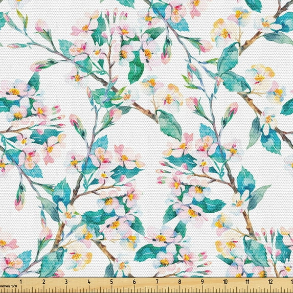 Ambesonne Floral Fabric by the Yard Upholstery, Flowering Tender Branches, 2 Yards, Pale Pink Dark Seafoam