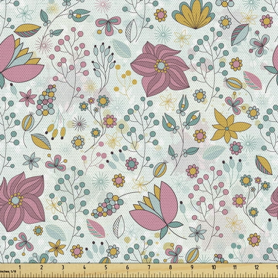 Ambesonne Floral Fabric by the Yard Upholstery, Flowers Berries Leaves Art, 5 Yards, Pink Multicolor