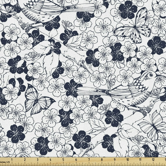 Ambesonne Floral Fabric by the Yard Upholstery, Flowers Birds Butterflies, 3 Yards, White Dark Night Blue