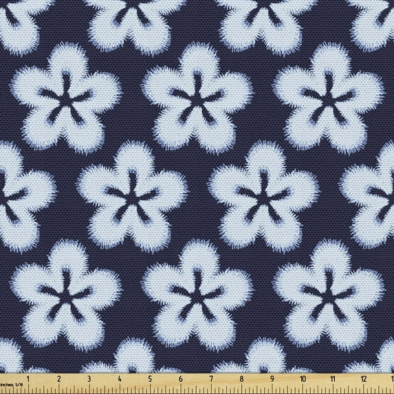 Ambesonne Floral Fabric by the Yard Upholstery, Flowers Boho Garden Artwork, 5 Yards, Dark Indigo Pale Sky Blue