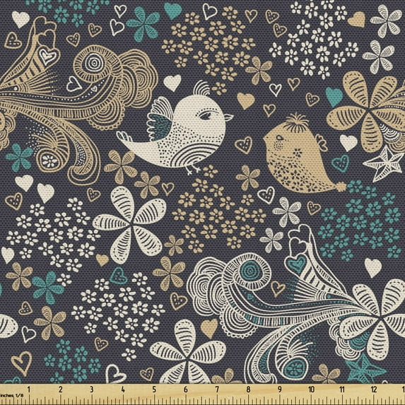 Ambesonne Floral Fabric by the Yard Upholstery, Flowers Hearts and Birds, 3 Yards, Dark Blue Grey and Multicolor