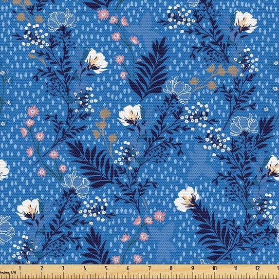 Ambesonne Floral Fabric by the Yard Upholstery, Flowers Polka Dots Leaves, 10 Yards, Azure Blue Warm Taupe