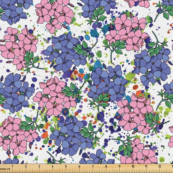 Ambesonne Floral Fabric by the Yard Upholstery, Flowers Splashes Drawings, 2 Yards, Soft Pink Dark Ceil Blue
