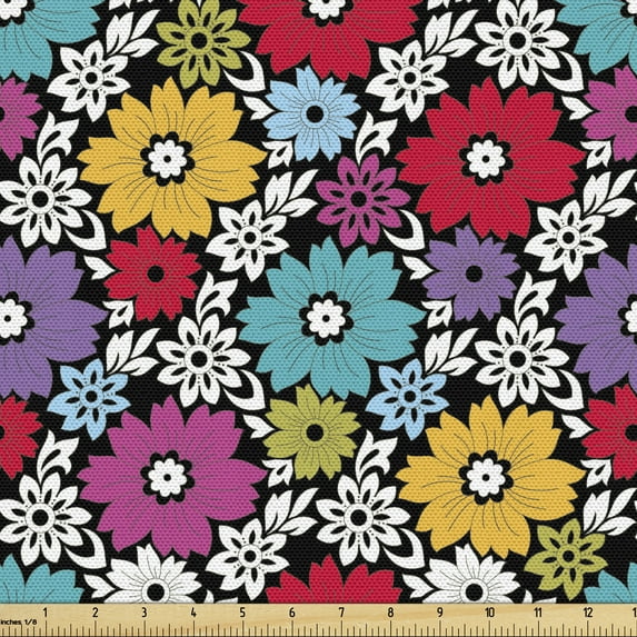 Ambesonne Floral Fabric by the Yard Upholstery, Flowers and Floral Elements, 10 Yards, Charcoal Grey and Multicolor
