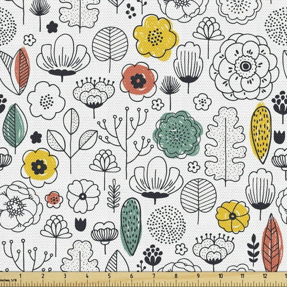 Ambesonne Floral Fabric by the Yard Upholstery, Flowers in Scandinavian Art, 10 Yards, White and Multicolor