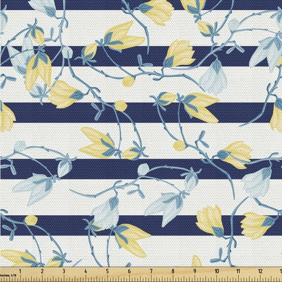 Ambesonne Floral Fabric by the Yard Upholstery, Flowers of Spring Seafoam, 1 Yard, Pastel Yellow and Navy Blue