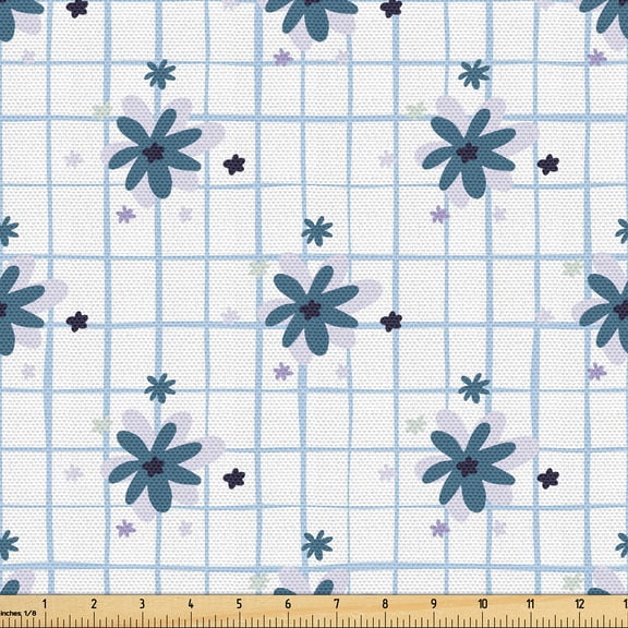 Ambesonne Floral Fabric by the Yard Upholstery, Flowers on Checkered Back, 1 Yard, Pastel Purple and Slate Blue