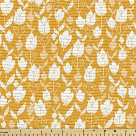 Ambesonne Floral Fabric by the Yard Upholstery, Flowers on Marigold Tone, 10 Yards, Marigold and White