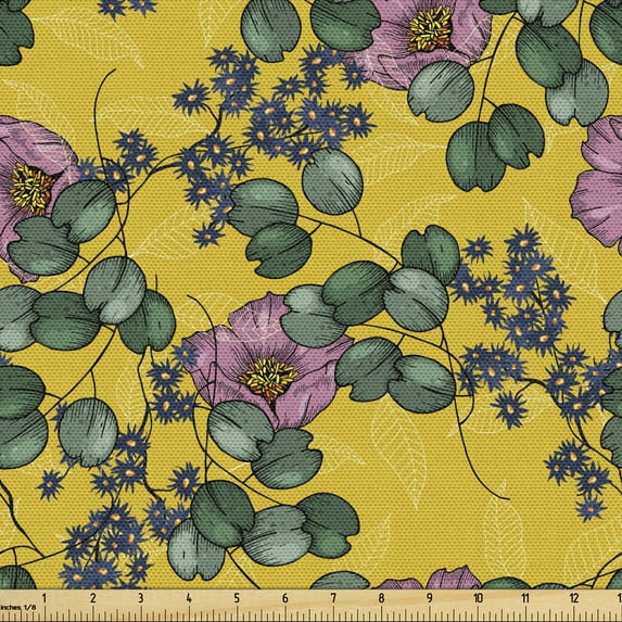 Ambesonne Floral Fabric by the Yard Upholstery, Flowers on a Yellow Backdrop, 3 Yards, Earth Yellow Pink and Green