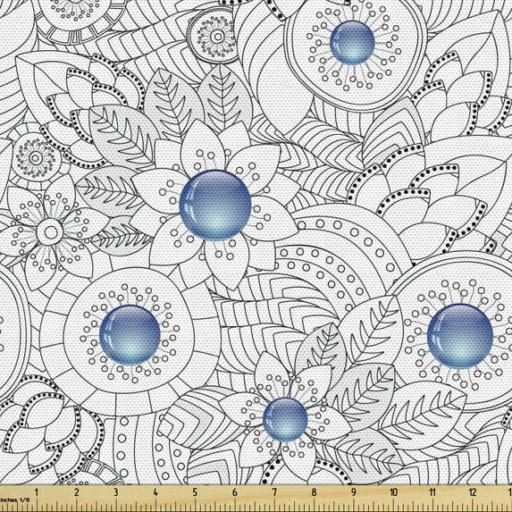 Ambesonne Floral Fabric by the Yard Upholstery, Flowers with Blue Dots, 1 Yard, Black White Blue