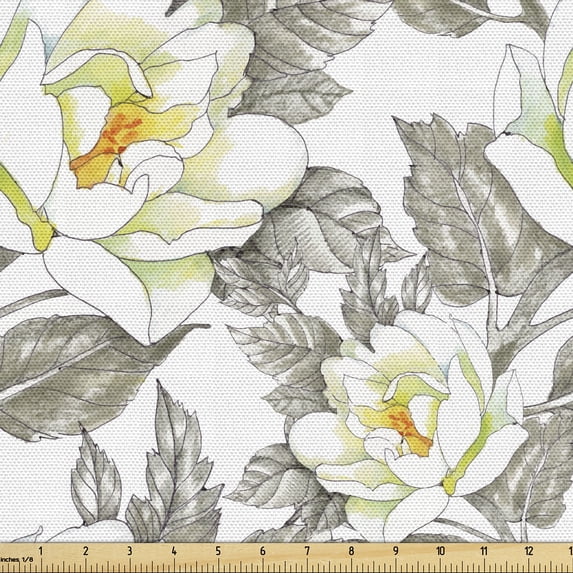 Ambesonne Floral Fabric by the Yard Upholstery, Flowers with Spring Leaves, 2 Yards, Slate Brown and Pale Green