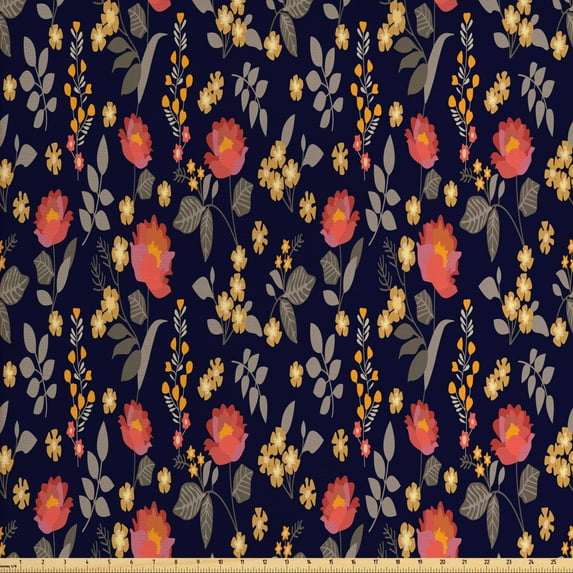 Ambesonne Floral Fabric by the Yard Upholstery, Forest Roses Autumn Leaves, 2 Yards, Indigo Coral Dark Tan