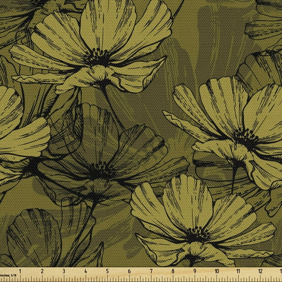 Ambesonne Floral Fabric by the Yard Upholstery, Fowers in Earth Tones Art, 3 Yards, Fawn Green Brown