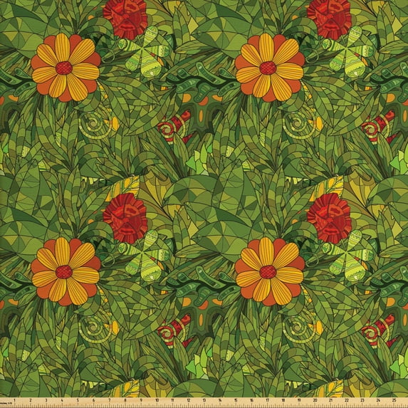 Ambesonne Floral Fabric by the Yard Upholstery, Fractal Retro Jungle Art, 2 Yards, Olive Green Vermilion
