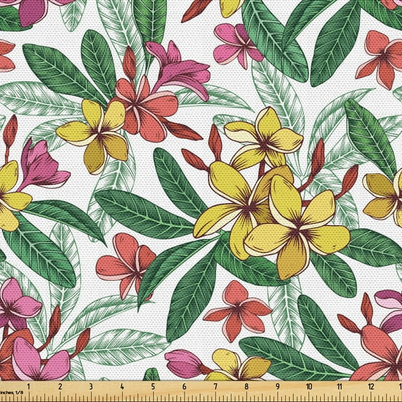 Ambesonne Floral Fabric by the Yard Upholstery, Frangipani Flower Plain Back, 10 Yards, Fern Green Mustard and Pink