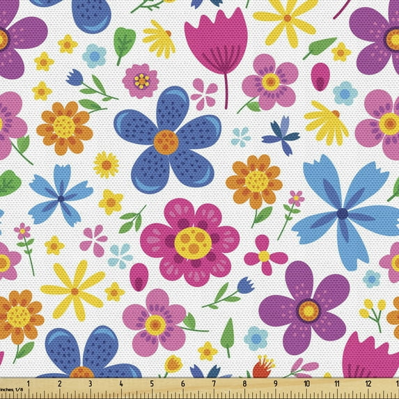 Ambesonne Floral Fabric by the Yard Upholstery, Funny Spring Cartoon Flowers, 3 Yards, Multicolor