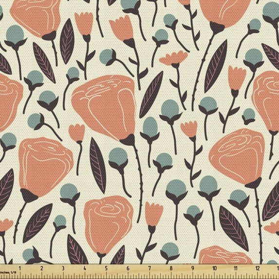 Ambesonne Floral Fabric by the Yard Upholstery, Garden Elements Blossoms, 2 Yards, Salmon Teal