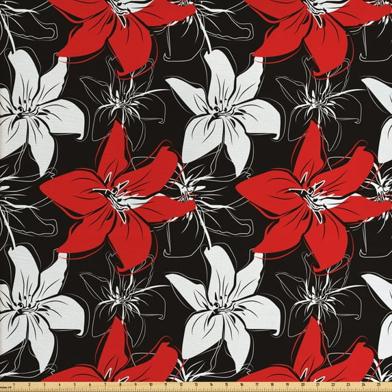 Ambesonne Floral Fabric by the Yard Upholstery, Garden Plants Botanic Art, 2 Yards, Vermilion White Black