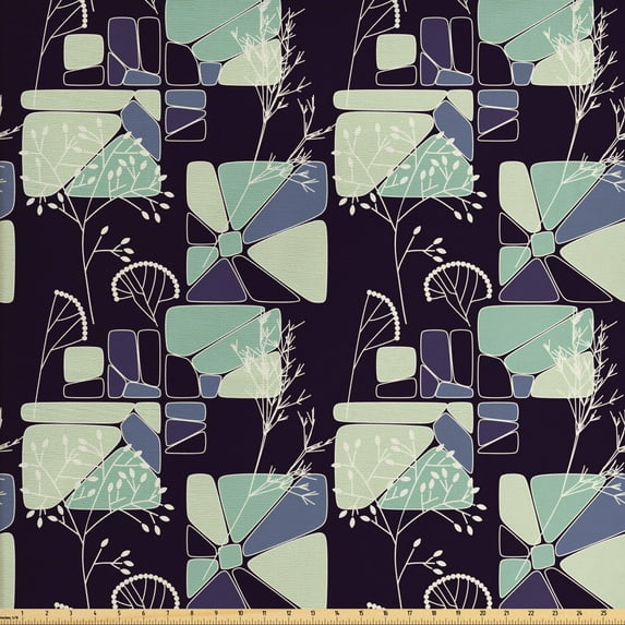 Ambesonne Floral Fabric by the Yard Upholstery, Geometric Soft Spring, 3 Yards, Pale Green Slate Blue