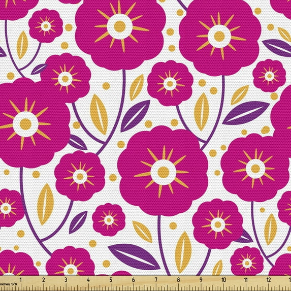 Ambesonne Floral Fabric by the Yard Upholstery, Graphical Flower Motifs Dots, 2 Yards, Hot Pink Pale Orange