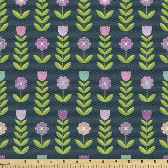 Ambesonne Floral Fabric by the Yard Upholstery, Graphical Geometric Flowers, 1 Yard, Fern Green Dark Teal