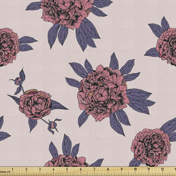 Ambesonne Floral Fabric by the Yard Upholstery, Grown Peony Flowers Bloom, 1 Yard, Blush Pale Eggplant