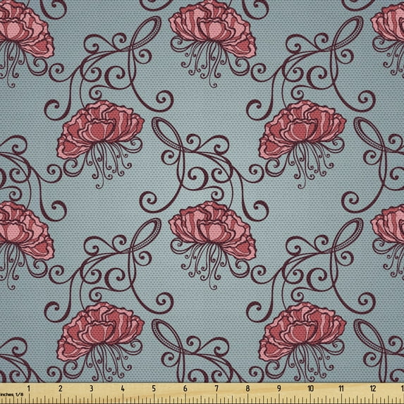 Ambesonne Floral Fabric by the Yard Upholstery, Grunge Romantic Ornaments, 1 Yard, Slate Blue Pink