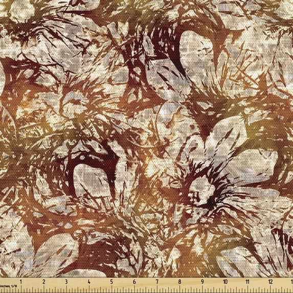 Ambesonne Floral Fabric by the Yard Upholstery, Grunge Sketches Sunset Tones, 3 Yards, Burgundy and Amber