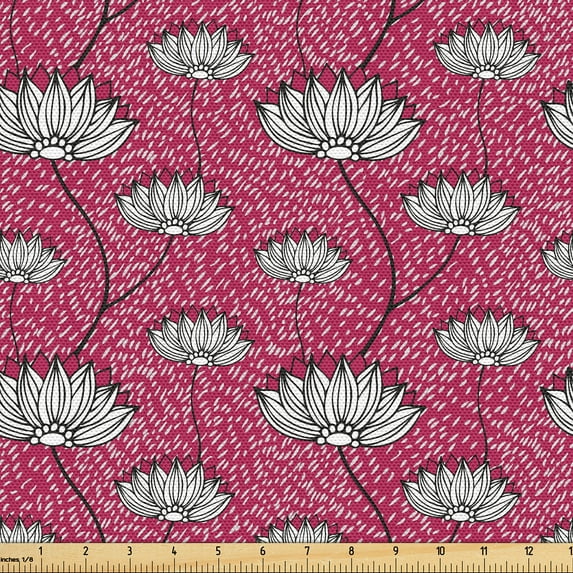 Ambesonne Floral Fabric by the Yard Upholstery, Hand Drawn Bitonal Flowers, 5 Yards, Dark Magenta and Pale Grey