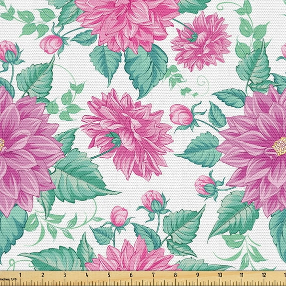 Ambesonne Floral Fabric by the Yard Upholstery, Hand-Drawn Chrysanthemum Art, 5 Yards, Soft Pink Cadet Blue