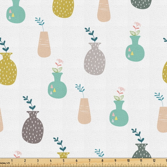 Ambesonne Floral Fabric by the Yard Upholstery, Hand-Drawn Flowers in Dots, 3 Yards, Seafoam and Pale Yellow Green