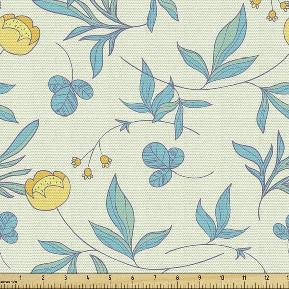 Ambesonne Floral Fabric by the Yard Upholstery, Hand Drawn Inspired Flowers, 5 Yards, Mint Green Blue and Mustard
