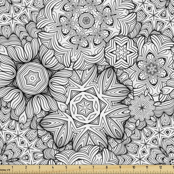Ambesonne Floral Fabric by the Yard Upholstery, Hand Drawn Lines Curves, 1 Yard, Black White